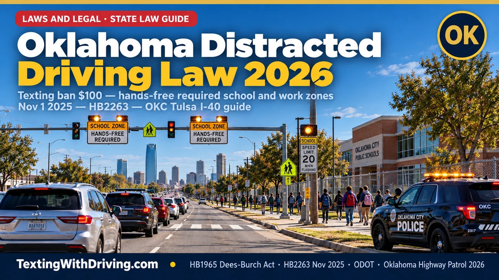Oklahoma distracted driving law 2026 school zone with flashing amber signs and OKCPD cruiser showing Oklahoma texting ban as primary offense with 100 dollar fine under HB1965 Trooper Nicholas Dees and Keith Burch Act of 2015 and HB2263 signed into law effective November 1 2025 prohibiting handheld cell phone use in active school zones and construction work zones with penalties mirroring the texting ban and ODOT reporting 250 fatalities and 8000 injuries from distracted driving between 2017 and 2021
