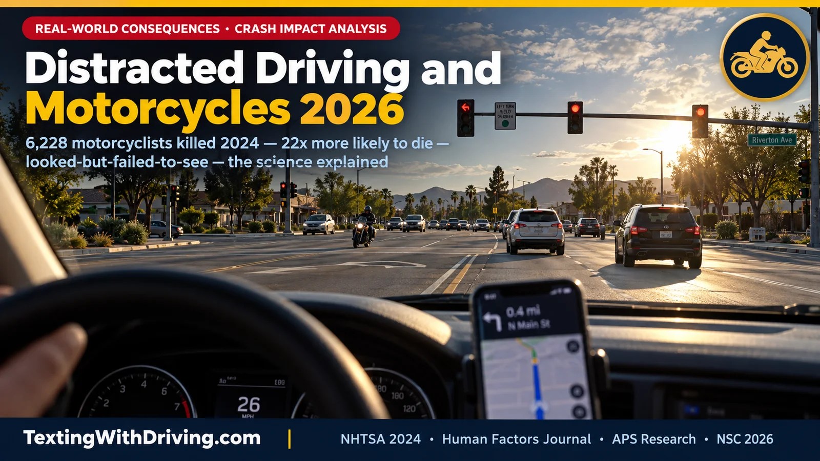 Distracted driving and motorcycles 2026 driver’s perspective windshield view of motorcycle at intersection with phone partially visible showing NHTSA 2024 data that 6228 motorcyclists were killed representing 16 percent of all traffic fatalities despite motorcycles being only 3 percent of registered vehicles and motorcyclists being 22 times more likely to die in a crash than car occupants with failure of motorists to detect and recognize motorcycles in traffic being the predominating cause of motorcycle accidents amplified by distracted driving inattentional blindness