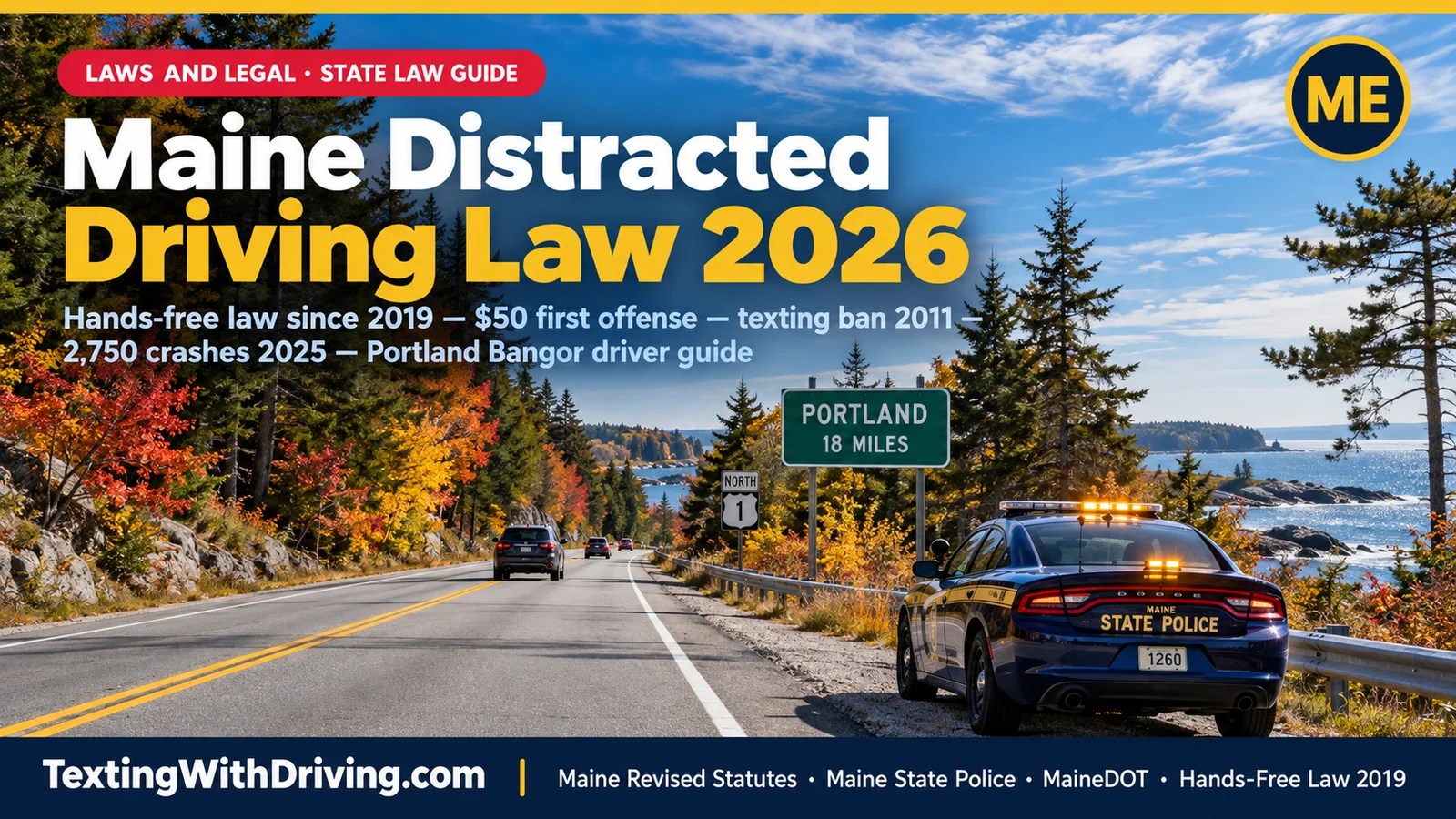 Maine distracted driving law 2026 US Route 1 coastal Maine with Maine State Police cruiser showing Maine comprehensive hands-free law effective September 2019 prohibiting all handheld electronic device use while driving with 50 dollar first offense and 250 dollar subsequent fine as primary enforcement building on Maine texting ban enacted 2011 with MaineDOT reporting 2750 statewide crashes from distracted behavior in 2025 including 294 crashes citing handheld mobile phone as source of driver distraction