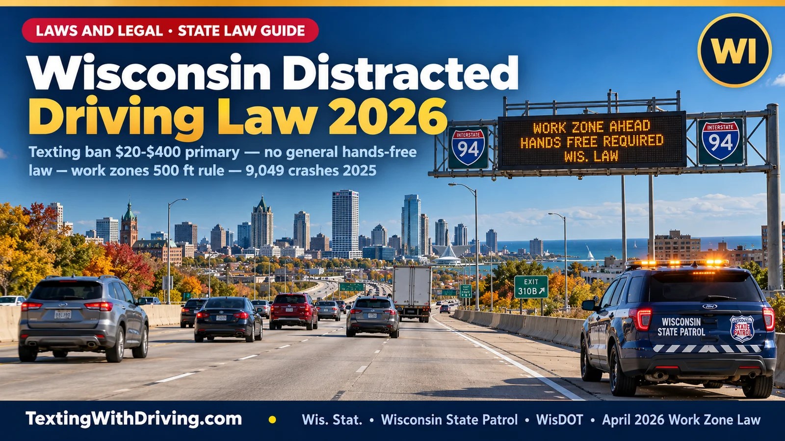 Wisconsin distracted driving law 2026 I-94 Milwaukee corridor with Wisconsin State Patrol cruiser and overhead message board showing Wisconsin texting ban as primary enforcement with 20 to 400 dollar fine and 4 demerit points under Wis Stat and no comprehensive hands-free law for adult drivers on regular roads but handheld phone use prohibited within 500 feet of work zones utility work areas and emergency response areas with Wisconsin State Patrol reporting 9048 distracted driving crashes in 2025 resulting in 31 fatalities and 3660 injuries