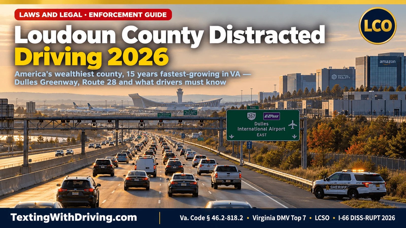Loudoun County distracted driving 2026 Dulles Greenway Route 267 morning rush hour with tech corridor traffic and Dulles Airport in background and LCSO patrol vehicle showing Loudoun County named in Virginia DMV top 7 highest distracted driving crash jurisdictions with Route 28 carrying 85000 vehicles per day and Loudoun County as America’s wealthiest county with median household income over 140000 and fastest-growing Virginia county for 15 consecutive years