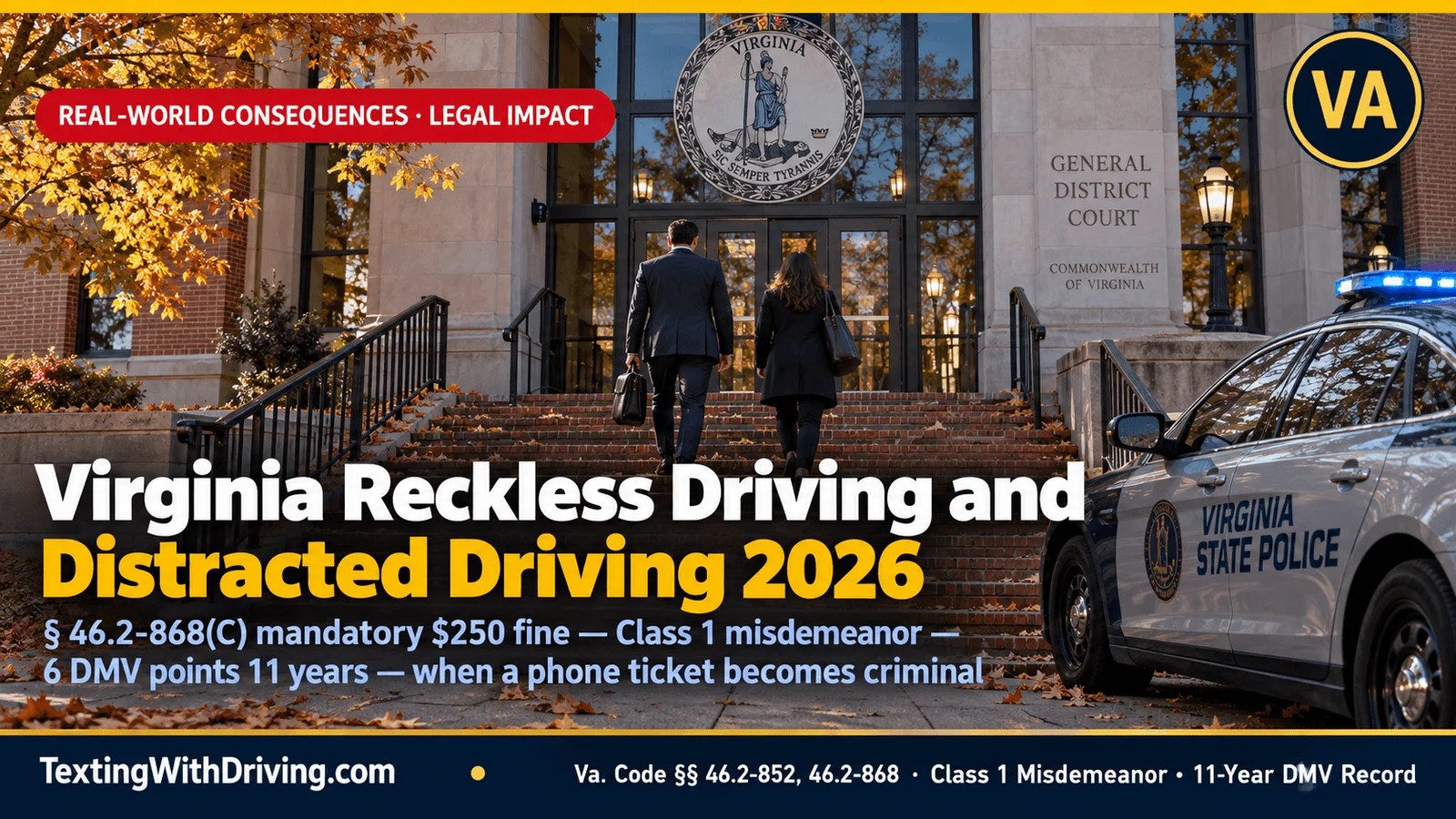 Virginia reckless driving distracted driving 2026 district court entrance showing Virginia Code 46.2-868(C) mandatory minimum 250 dollar fine when reckless driving occurs while violating 46.2-818.2 hands-free law with Class 1 misdemeanor up to 2500 fine and 12 months jail and 6 month license suspension and 6 DMV demerit points remaining on record for 11 years same criminal category as DUI and assault and battery in Virginia