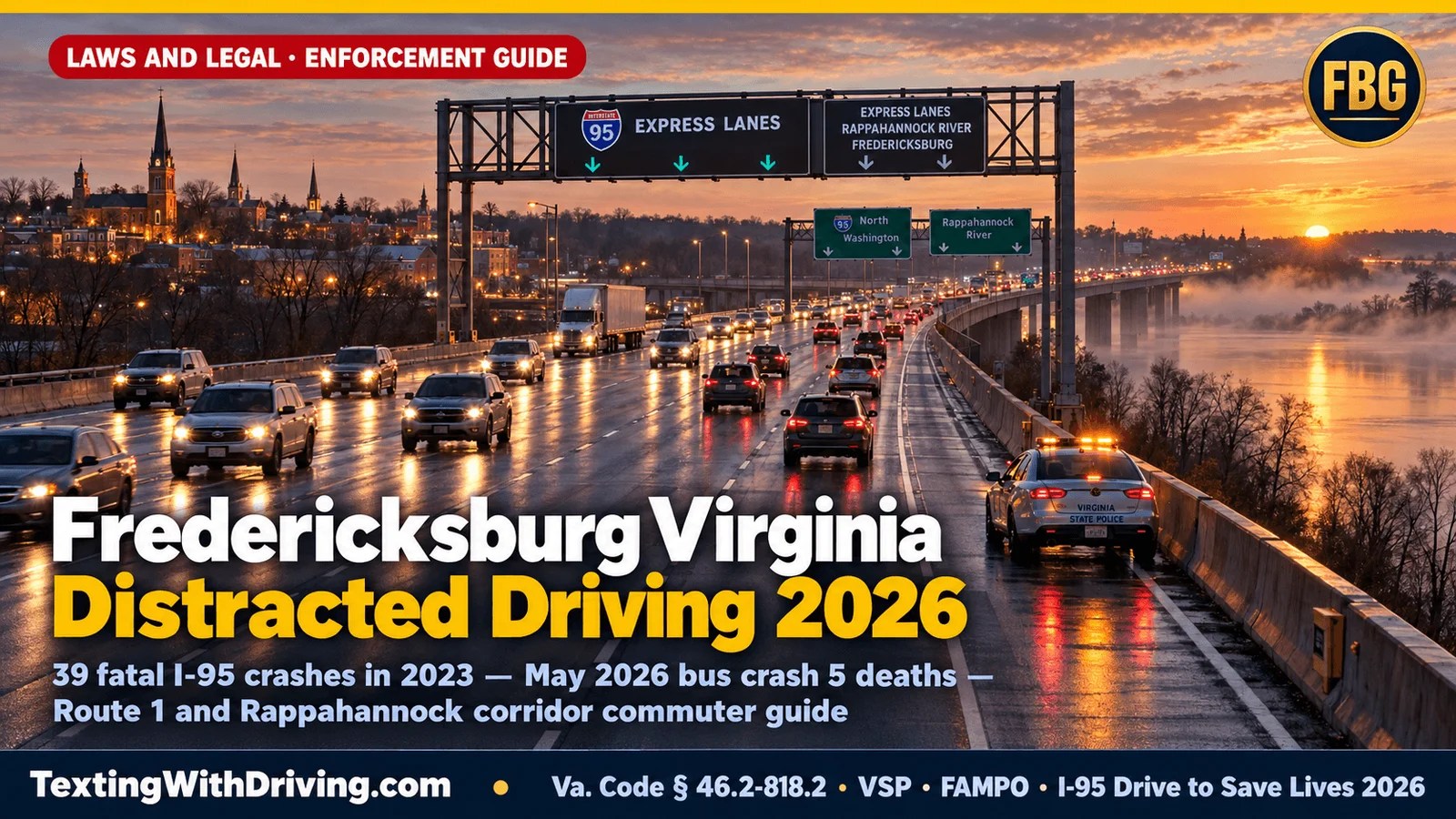 Fredericksburg Virginia distracted driving 2026 I-95 Rappahannock River Bridge at sunrise with northbound commuter traffic and VSP cruiser showing I-95 having 39 fatal traffic crashes in 2023 and May 29 2026 mass casualty bus crash killing 5 including 2 children at Stafford County work zone near mile marker 146 and more than 400 pedestrian and bicyclist crashes in the Fredericksburg region since 2016