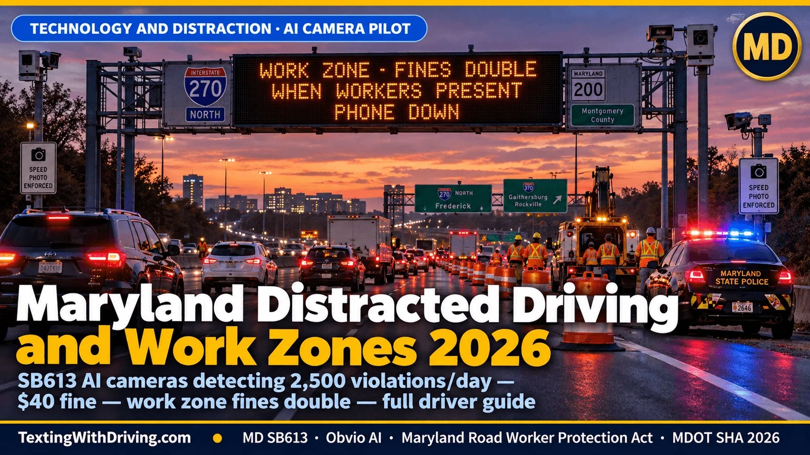 Maryland distracted driving work zones 2026 active I-270 work zone with MDOT SHA workers electronic message board and speed cameras showing Maryland SB613 Obvio AI cameras deployed in Montgomery County detecting 2500 violations daily with 40 dollar civil fine pilot running until September 2028 and Maryland Road Worker Protection Act doubling work zone speed fines when workers are present with maximum 1000 dollar fine and work zone deaths dropping from 12 in 2024 to 9 in 2025