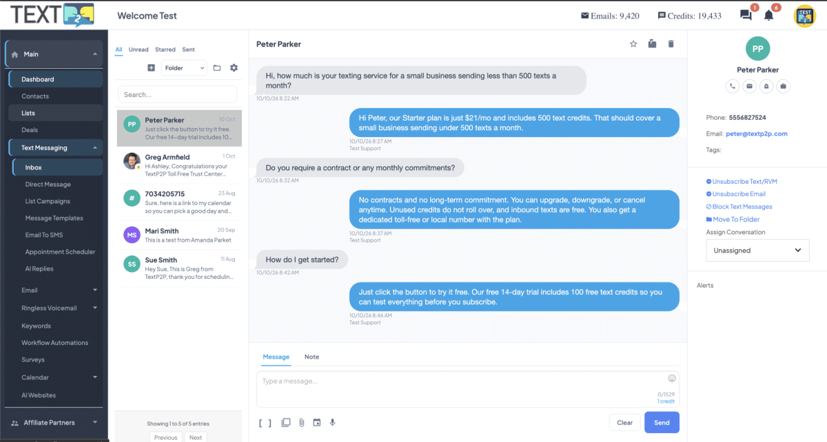 TextP2P shared inbox with customer conversation and contact details
