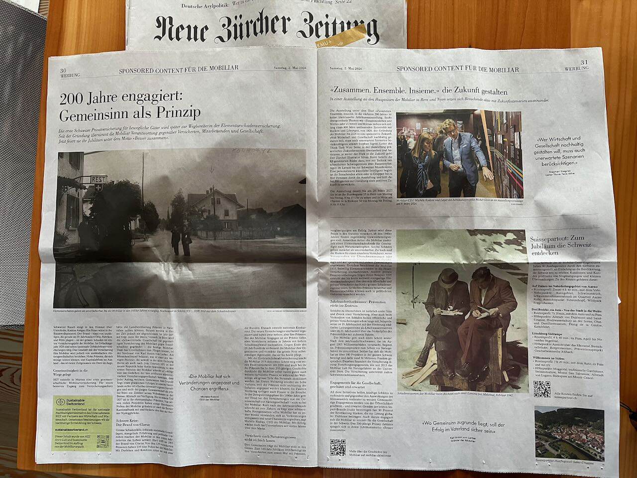 Artikel in der NZZ vom 2. Mai 2026 für Sustainable Switzerland im Auftrag der Mobiliar (Bild: M. Schäfer)