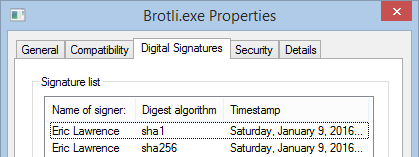 Dual-Signed Authenticode Windows File Properties show two signatures