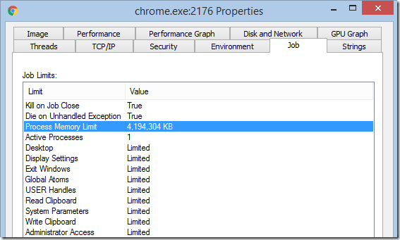 Process Explorer Job tab Job limit 4gb shown in SysInternals Process Explorer