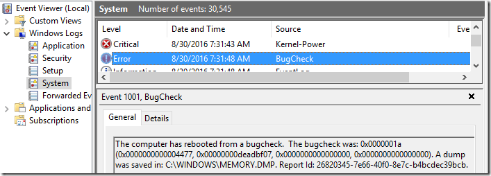 Event Viewer - Bugcheck