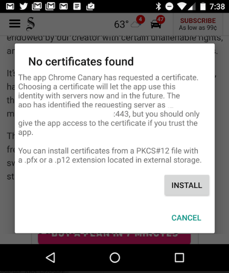 No Certificates Found prompt on Android No Certificates Found prompt on Android