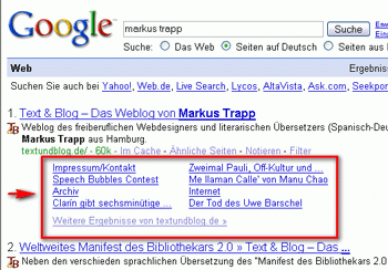 Google-Suche mit Unterpunkten in der Trefferliste
