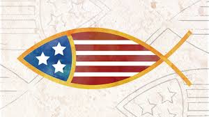 Christian fish symbol with American stars and stripes inside it.