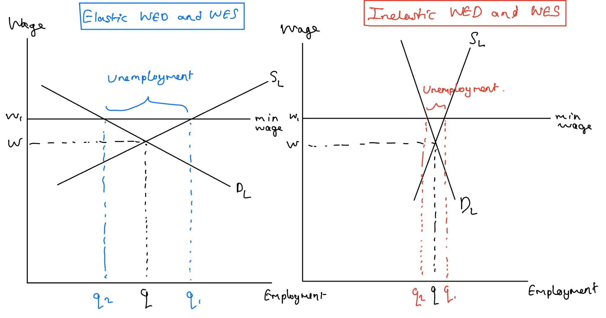 How the effect of a minimum wage depends on the WES and WED, using labour market diagrams.