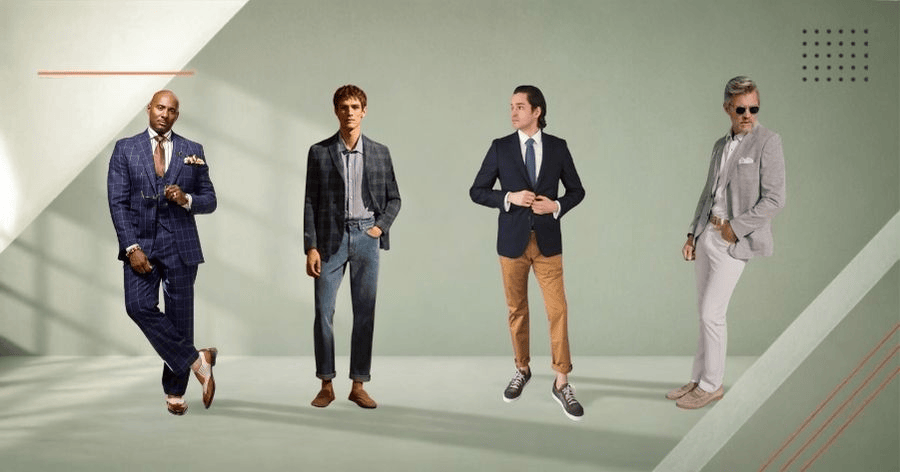 Four men modeling four distinct menswear styles, from tailored suiting to casual separates, representing the four long-running menswear businesses on the panel