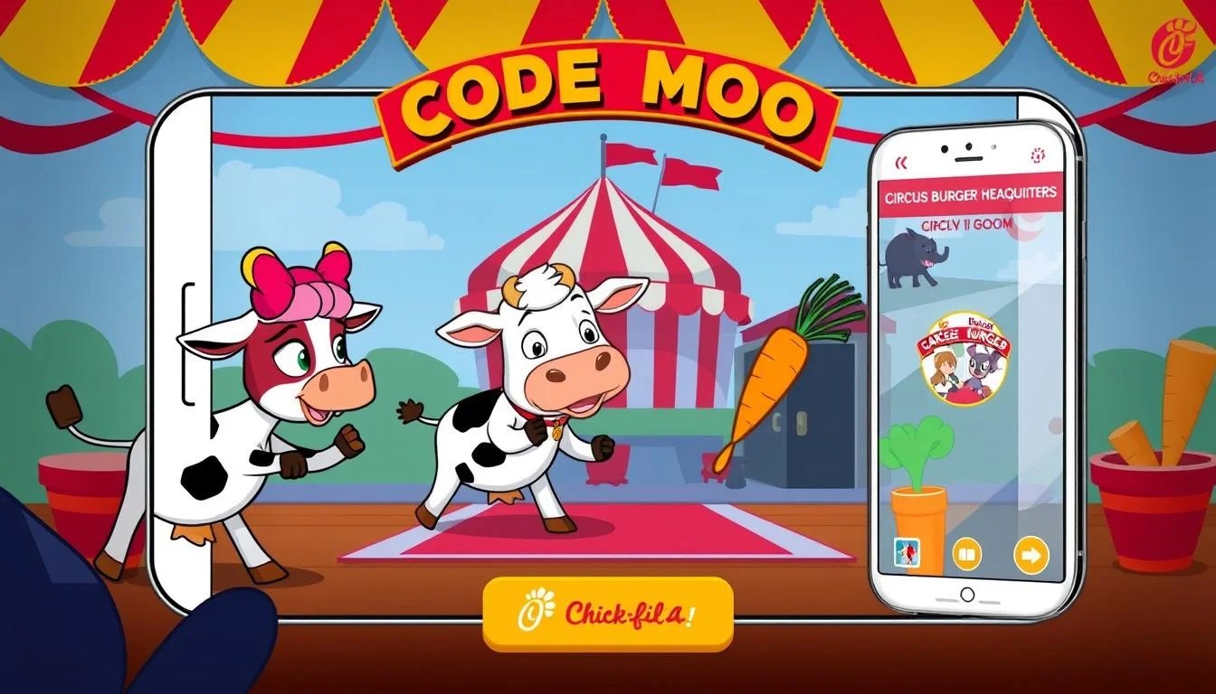 Code Moo game showing cartoon cows sneaking into Circus Burger Headquarters