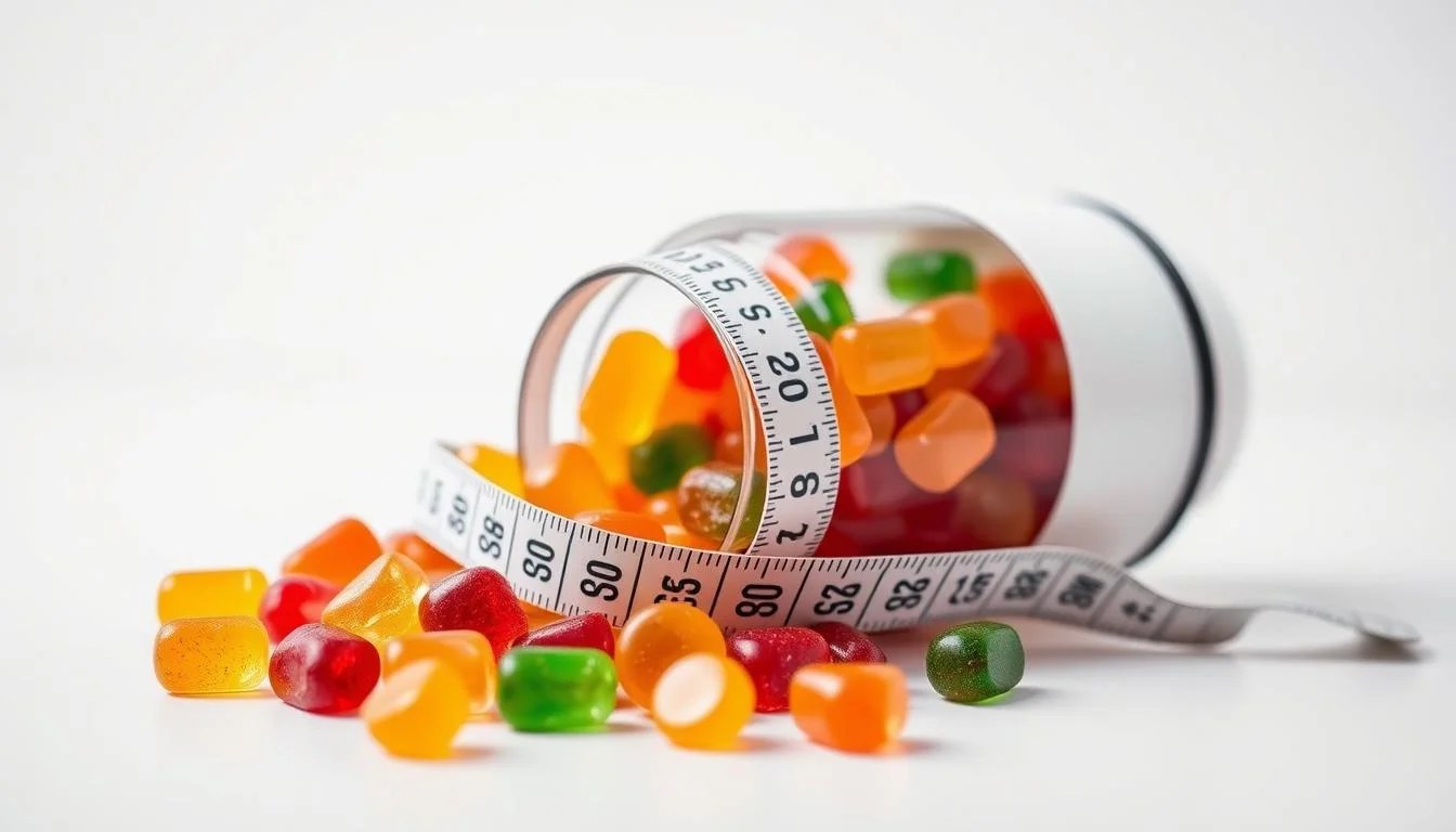 Colorful weight loss gummies in a bottle with a measuring tape wrapped around it