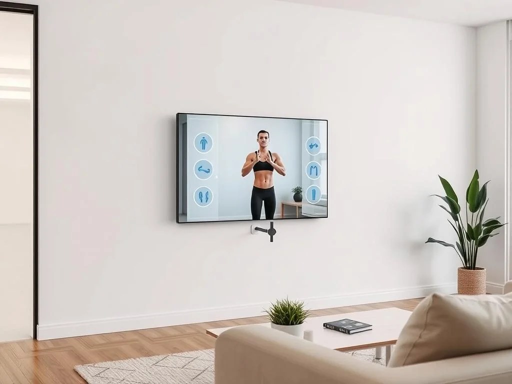 Smart fitness mirror showing workout instructions and form correction