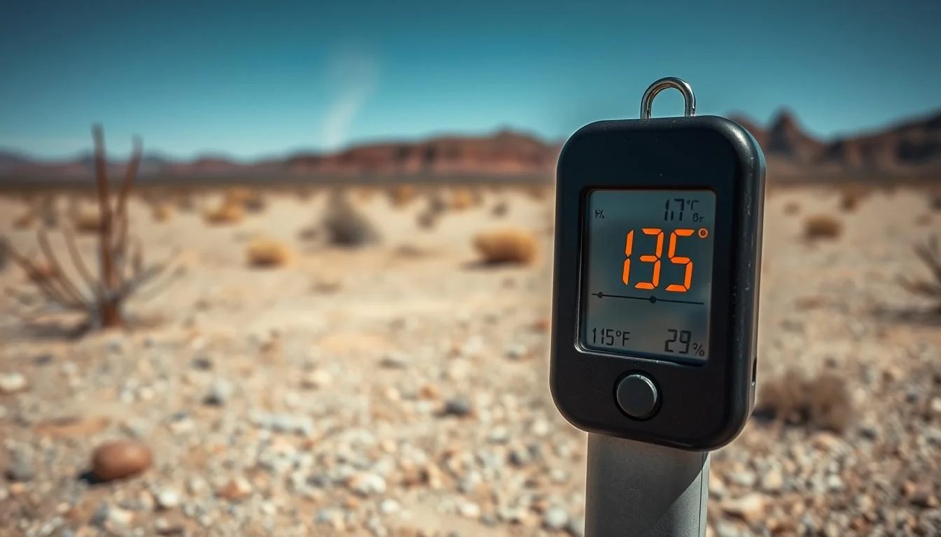 Heat wave in the Southwest U.S. showing extreme temperature readings on thermometer in desert landscape