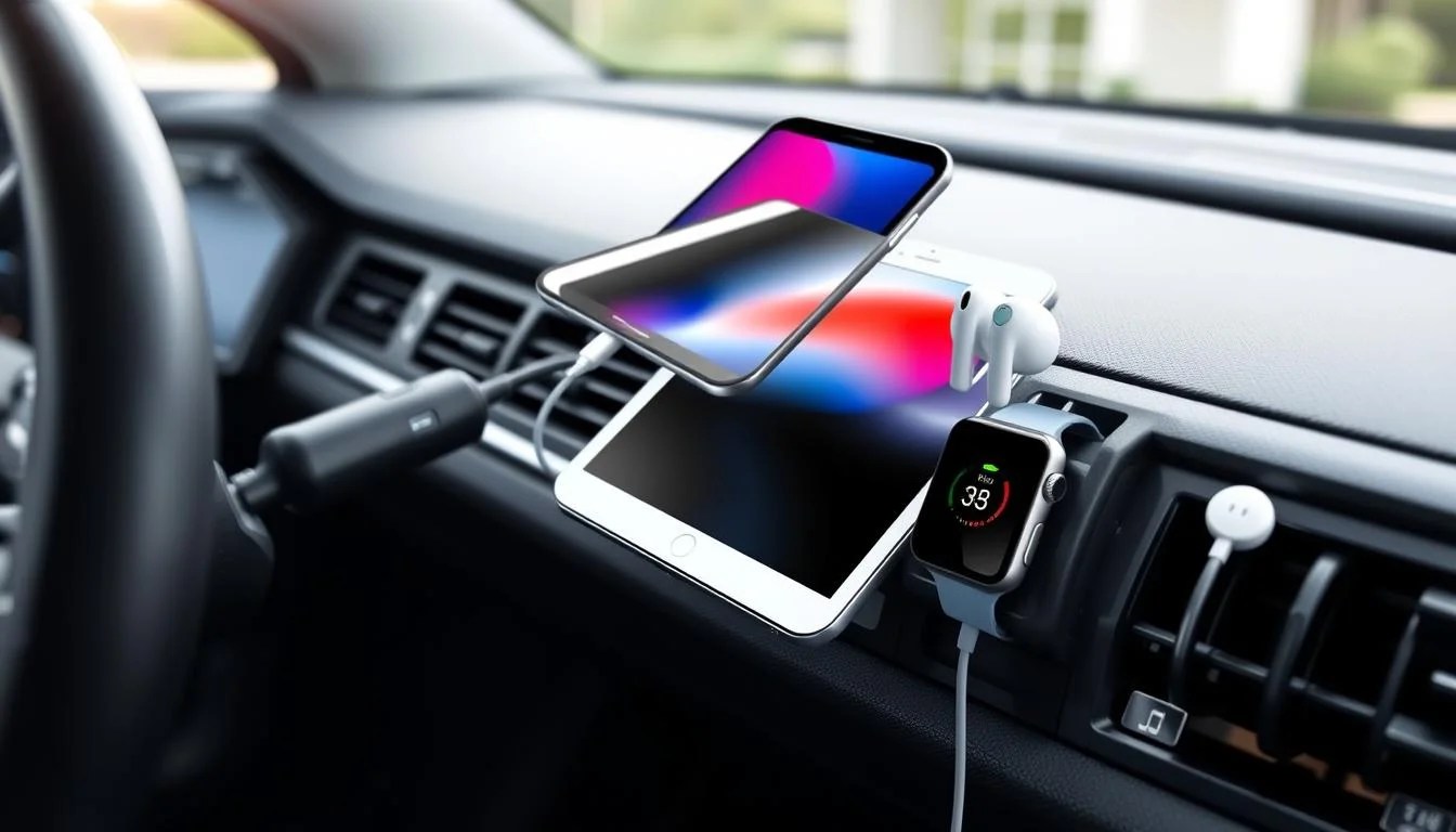 Multiple devices being charged by a 4-in-1 car charger in a vehicle dashboard