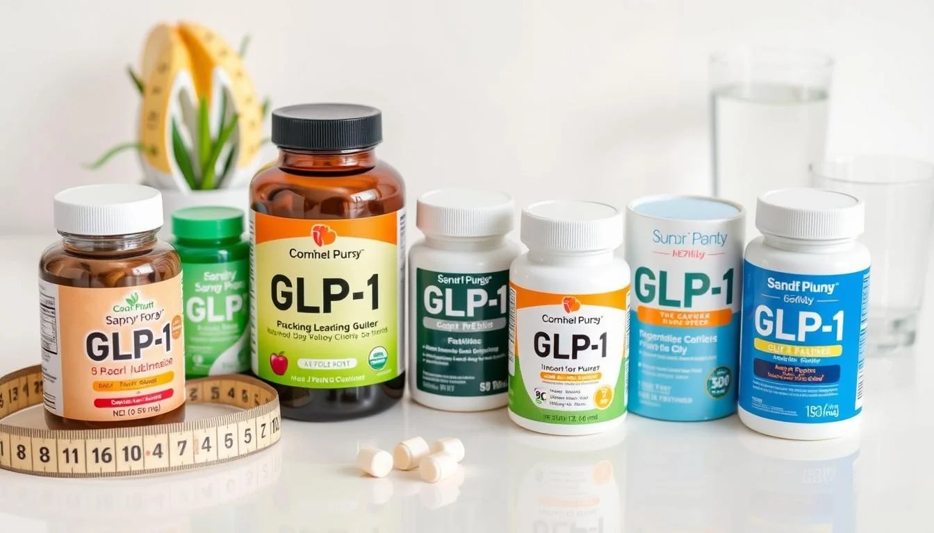 Various GLP-1 supplements displayed with a measuring tape and healthy food items