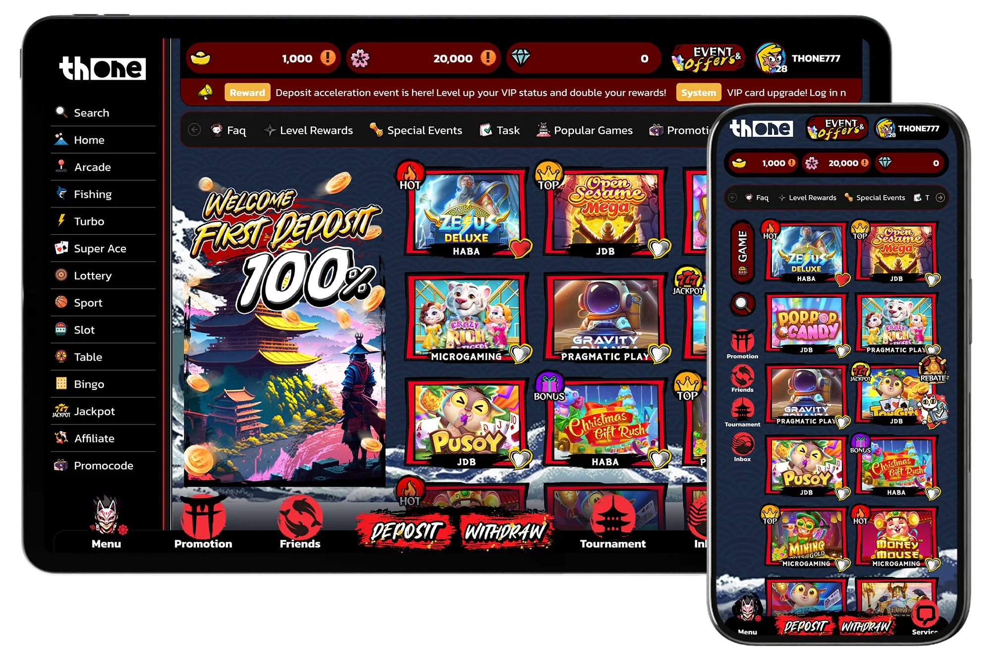 Japan-inspired iGaming frontend shown on desktop and mobile screens