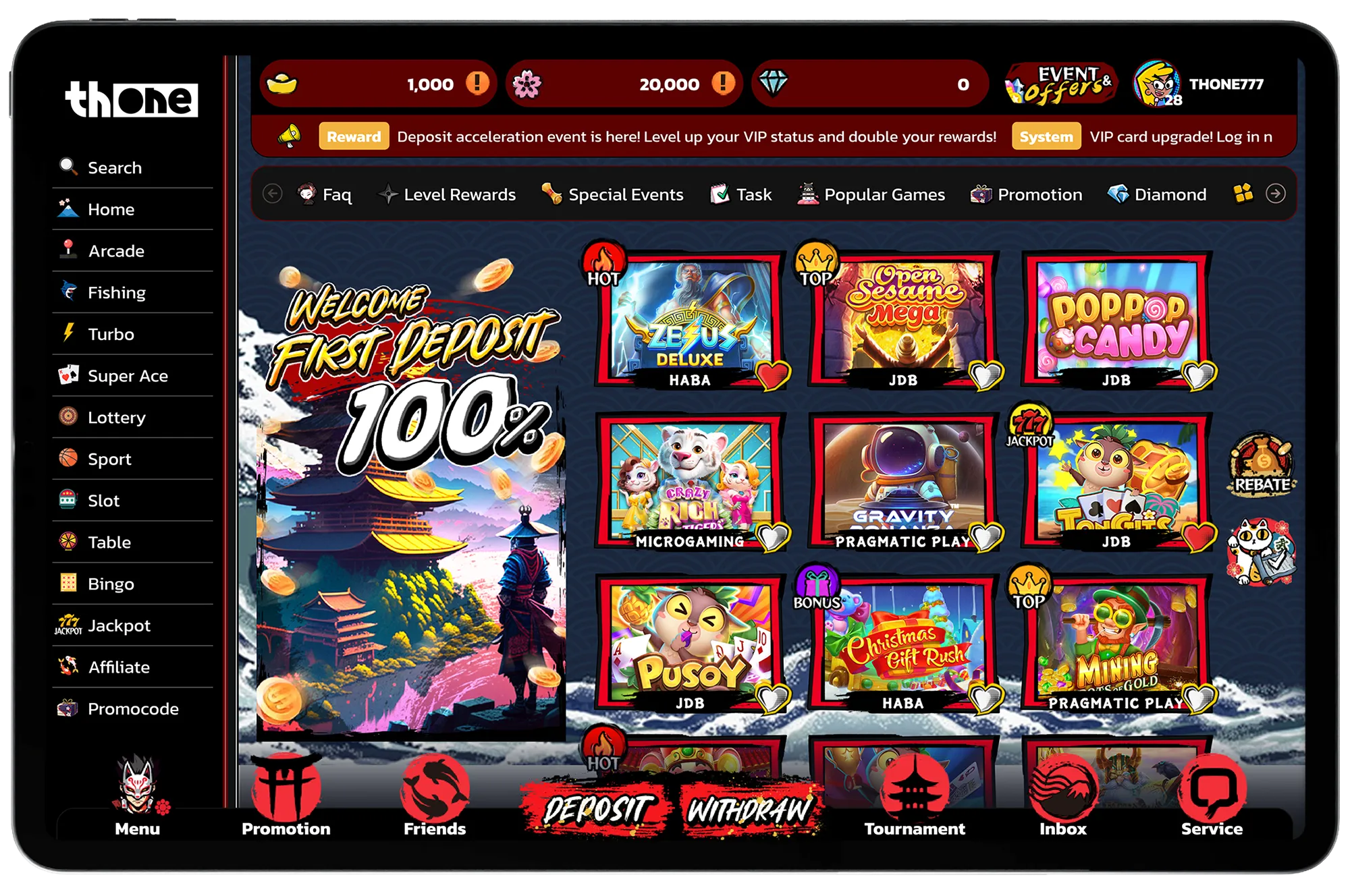 Japan template game lobby with sidebar navigation and mobile layout