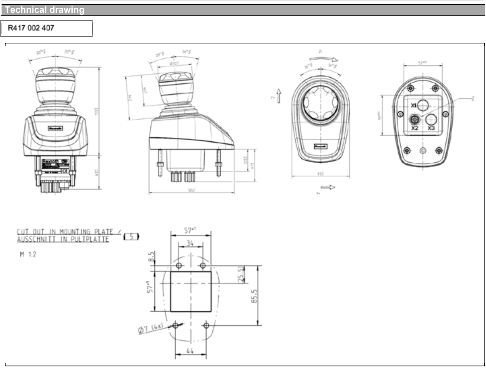 AVENTICS R417002407 dimension drawing — manufacturer technical drawing with dimensioned component views