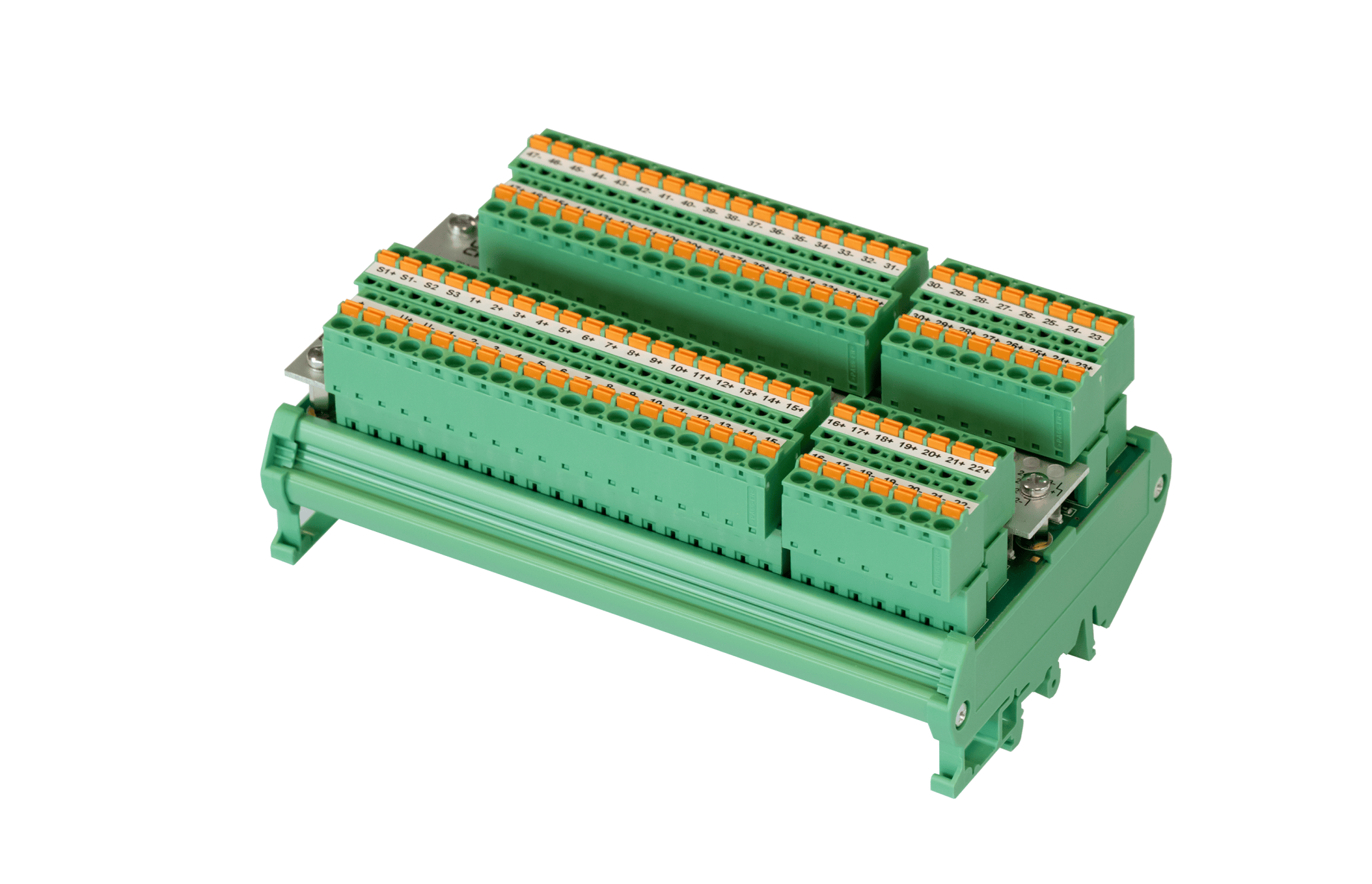 Böning AHD-PS 47C binary input module with green pluggable terminal blocks, angled view