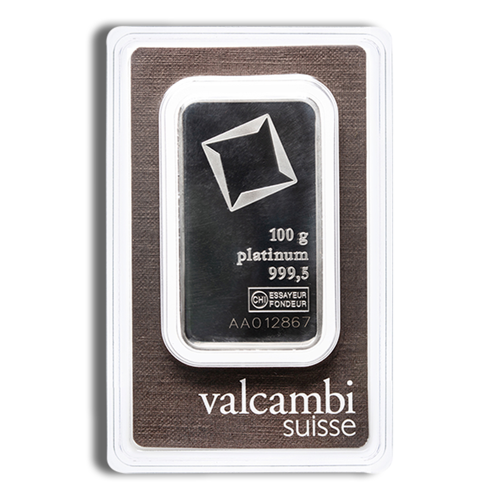 100 gram Platinum Bar - Valcambi (Carded)