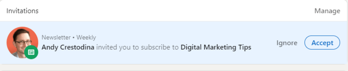 Example of LinkedIn newsletter invite Example of LinkedIn newsletter invite