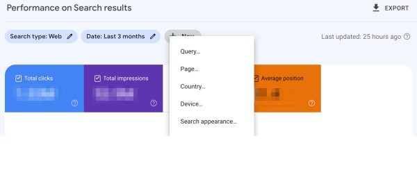 Image showing the filter options in Google Search Console; you can focus on specific queries or pages by selecting them here.