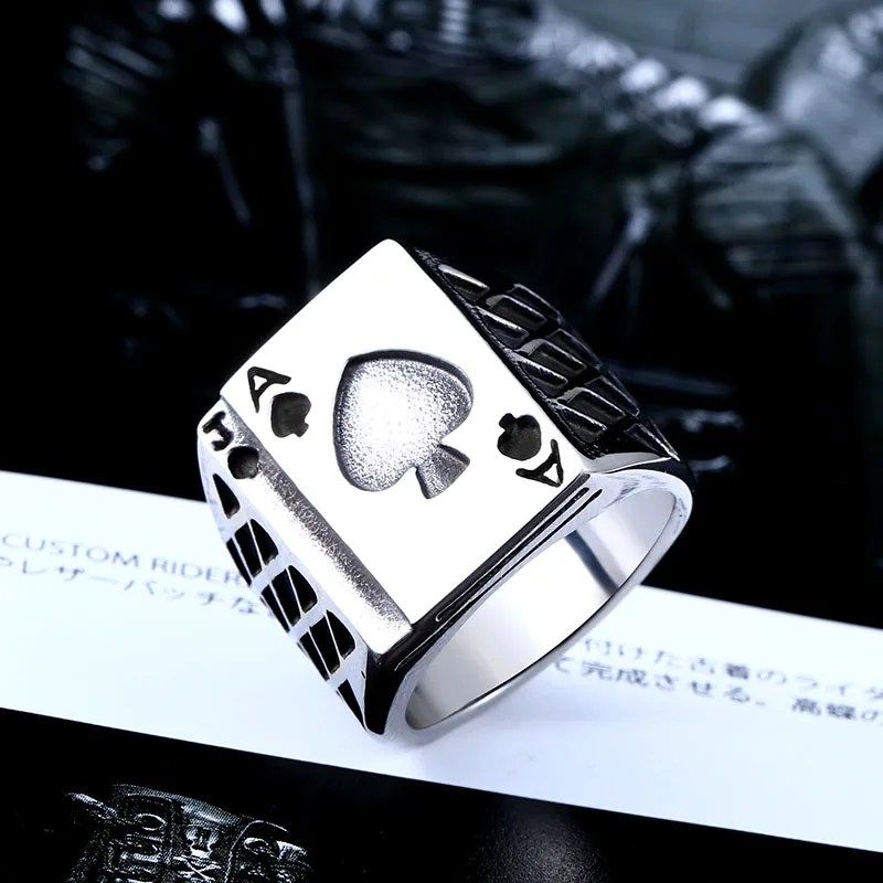 Ace of Spades Poker Ring Playing Cards Biker - Stainless Steel Silver - Unisex