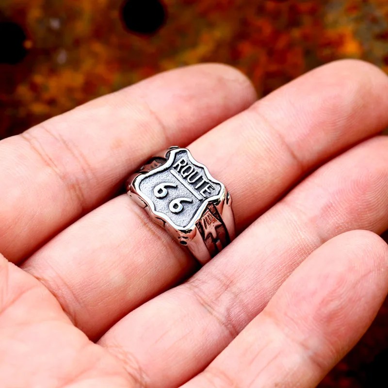 Biker Route 66 Ring Mens - Stainless Steel Silver - Unisex