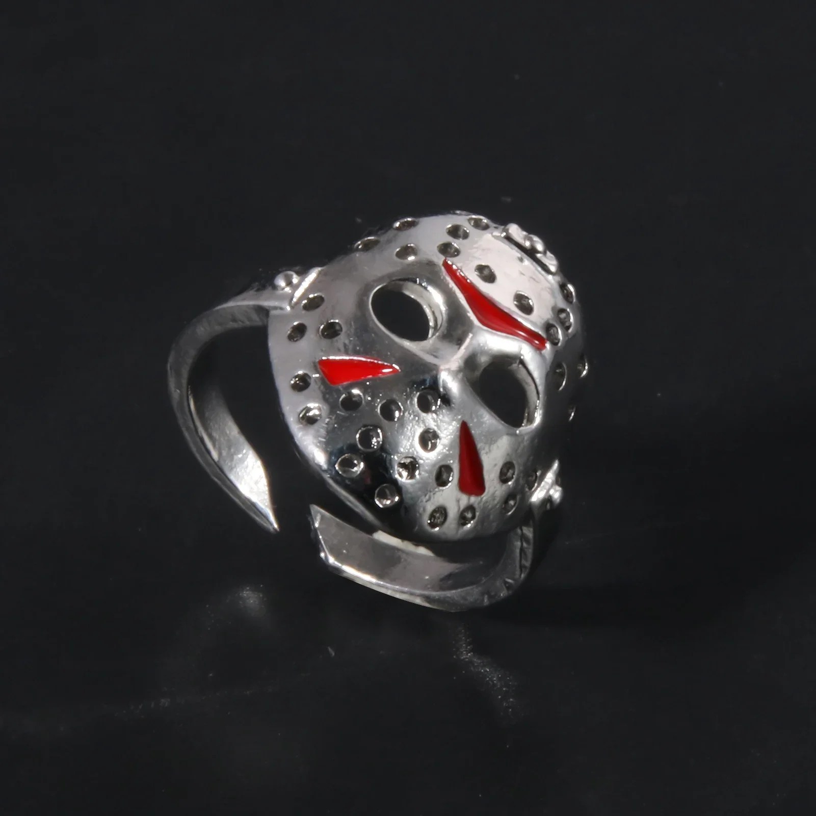 Horror Jason Hockey Mask Ring Friday the 13th Movie – Silver & Red – Unisex - Adjustable