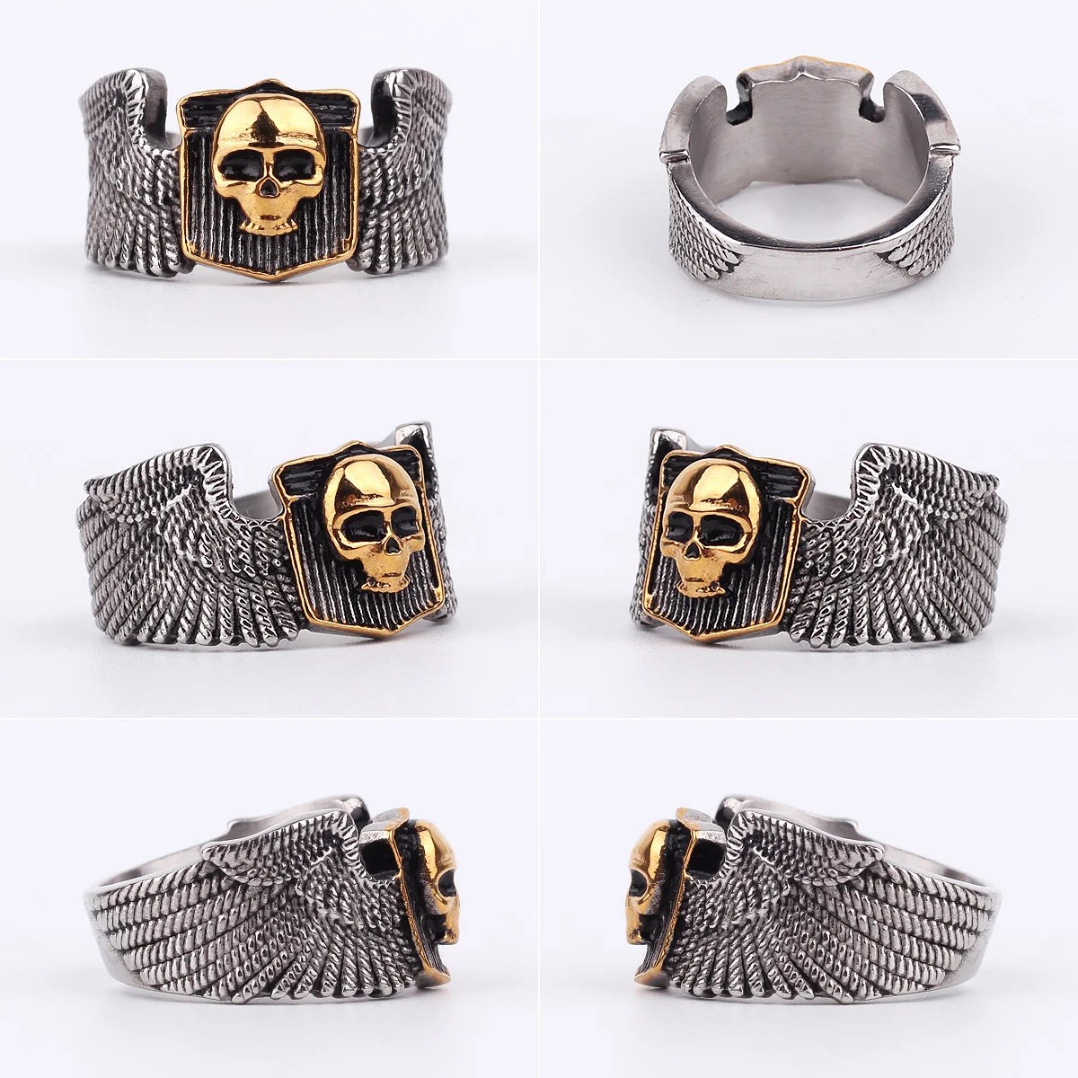 Winged Gold Skull Outlaw Biker Ring Mens - Stainless Steel Silver & Gold - Unisex