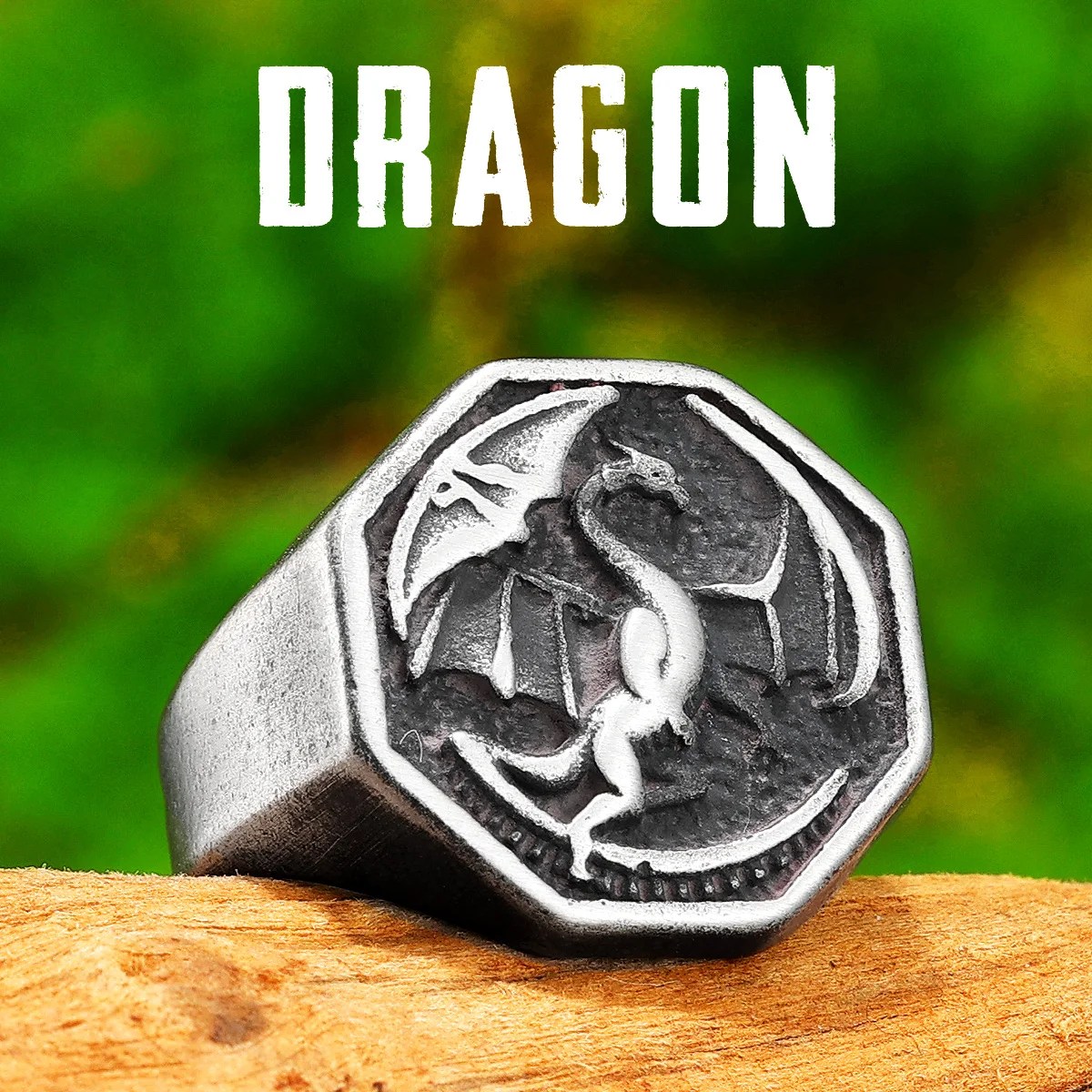 Gothic Fantasy Dragon Ring Viking Signet Mens - Stainless Steel Silver - Unisex