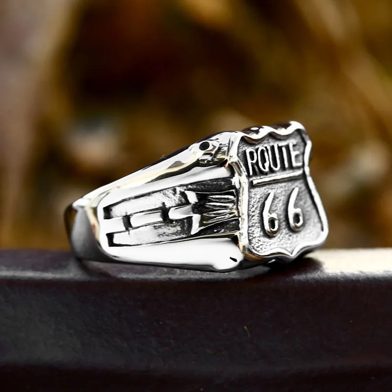 Biker Route 66 Ring Mens - Stainless Steel Silver - Unisex