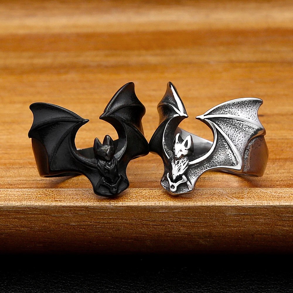 Gothic Bat Ring Mens - Stainless Steel Silver, Gold & Black - Unisex