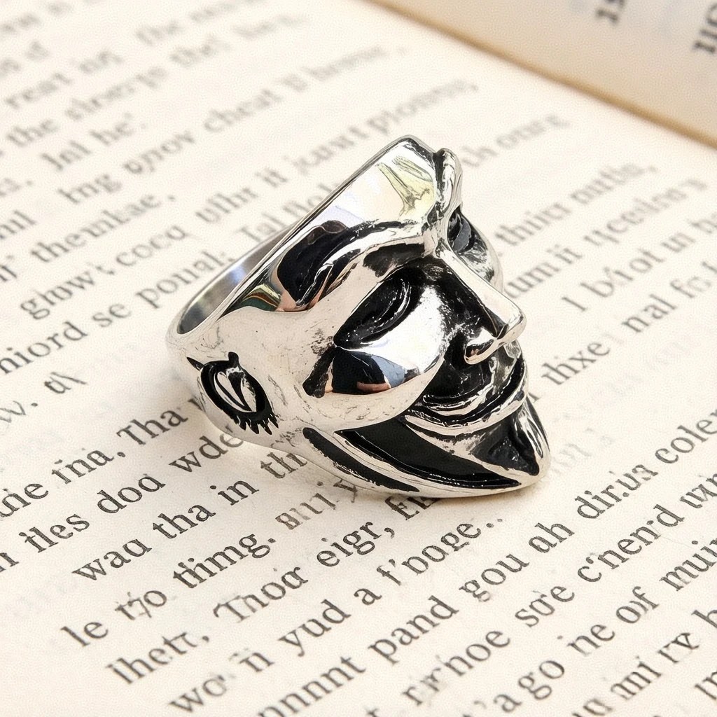 Guy Fawkes Mask Ring V for Vendetta Movie - Stainless Steel Silver - Unisex