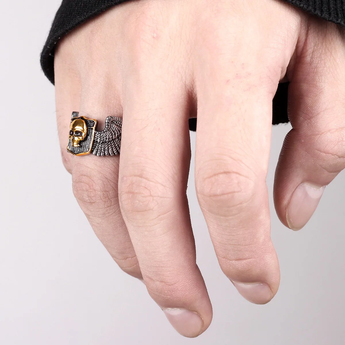 Winged Gold Skull Outlaw Biker Ring Mens - Stainless Steel Silver & Gold - Unisex