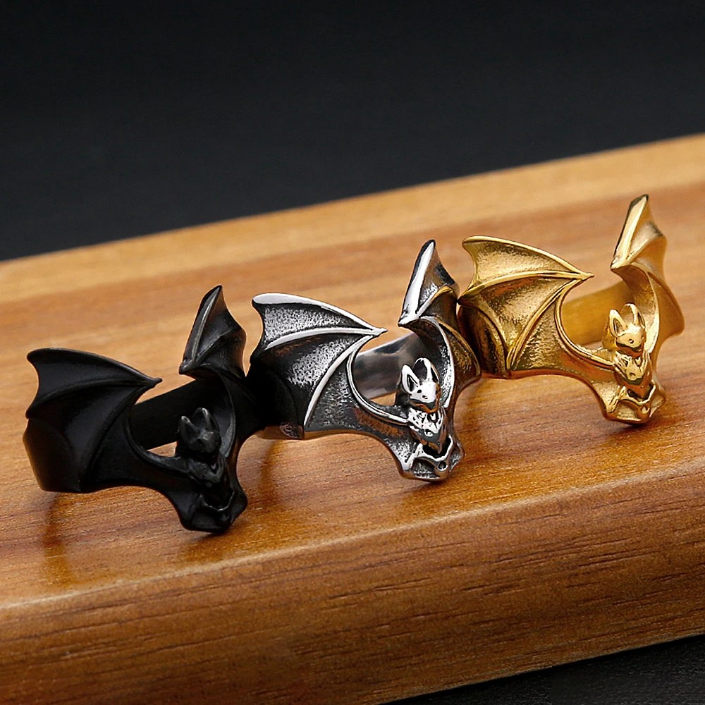 Gothic Bat Ring Mens - Stainless Steel Silver, Gold & Black - Unisex