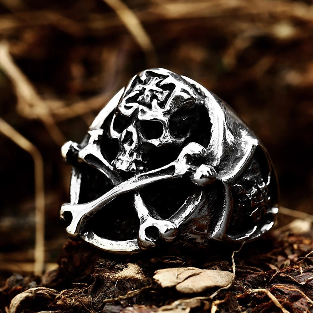 Biker Iron Cross Skull and Crossbones Ring Mens - Stainless Steel Silver - Unisex