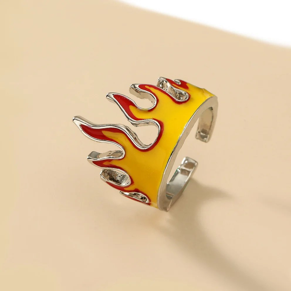 Hot Rod Flames Ring Mens - Silver, Orange & Red - Unisex - Adjustable