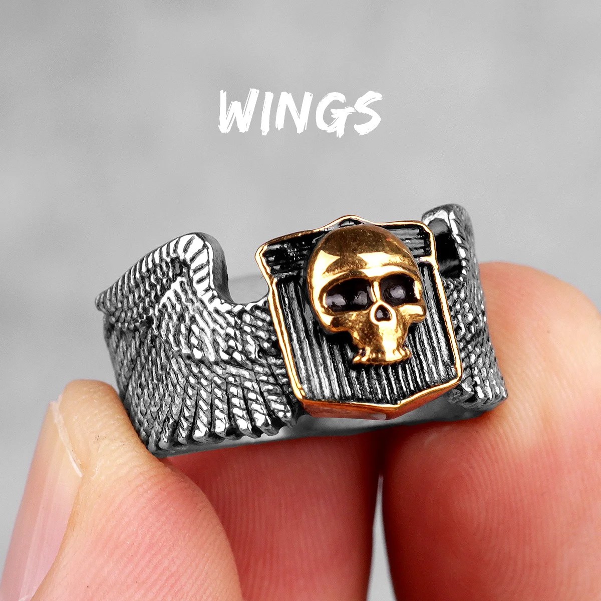 Winged Gold Skull Outlaw Biker Ring Mens - Stainless Steel Silver & Gold - Unisex