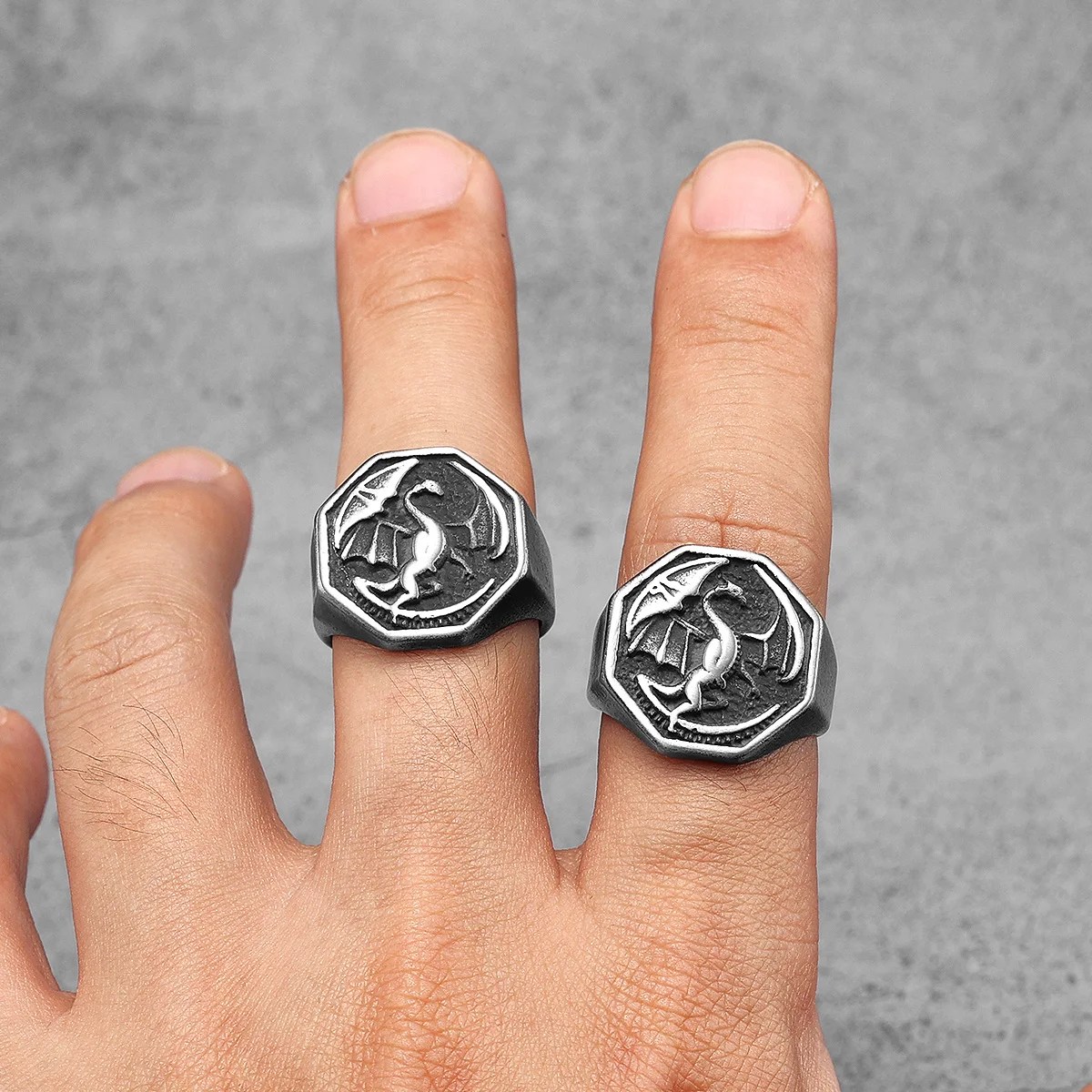 Gothic Fantasy Dragon Ring Viking Signet Mens - Stainless Steel Silver - Unisex