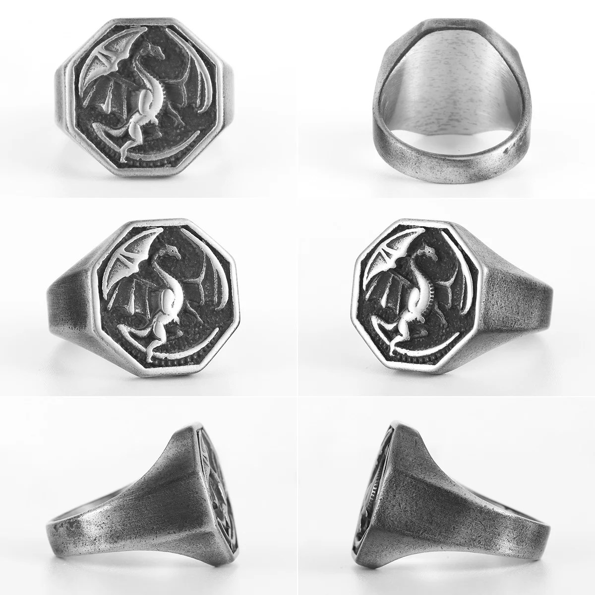 Gothic Fantasy Dragon Ring Viking Signet Mens - Stainless Steel Silver - Unisex