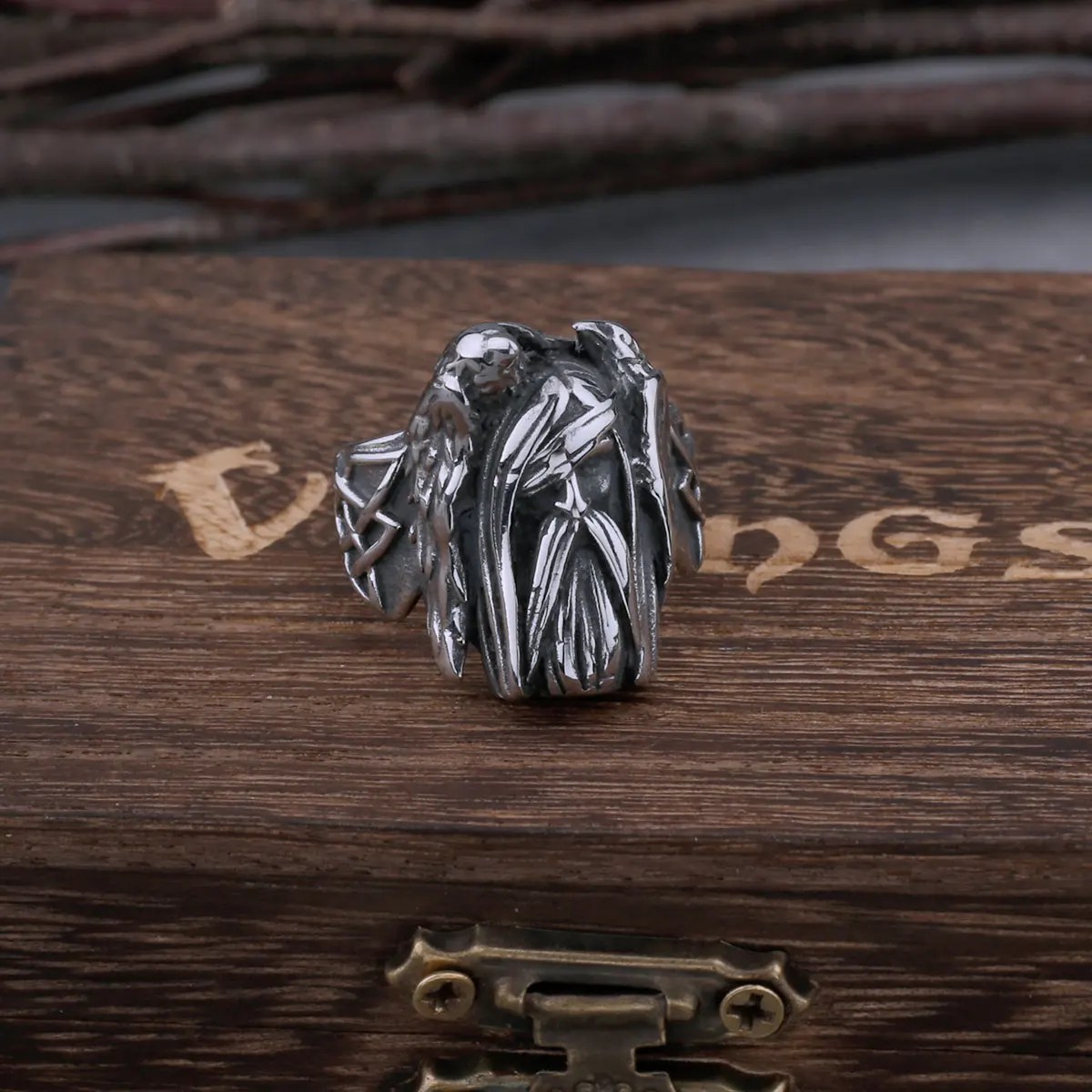 Odin Raven Ring Mens Viking Norse – Stainless Steel Silver – Unisex