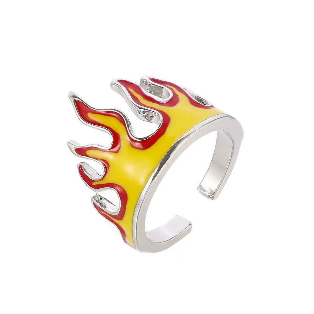 Hot Rod Flames Ring Mens - Silver, Orange & Red - Unisex - Adjustable