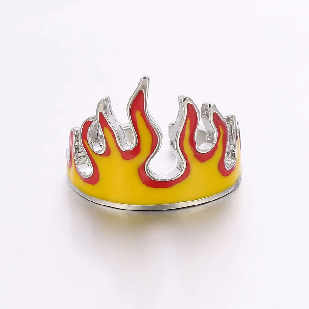 Hot Rod Flames Ring Mens - Silver, Orange & Red - Unisex - Adjustable
