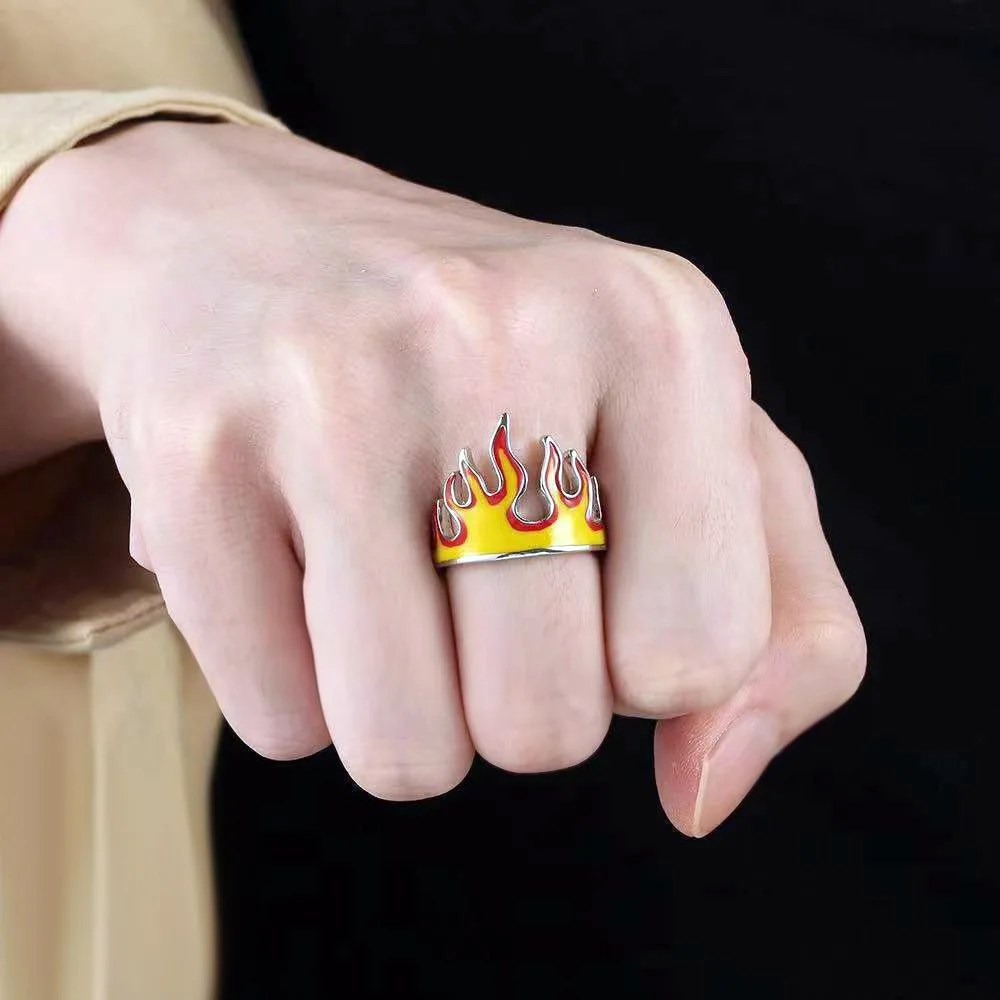 Hot Rod Flames Ring Mens - Silver, Orange & Red - Unisex - Adjustable